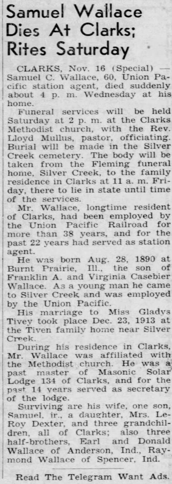 Obituary for Samuel C. Wallace (Aged 60)